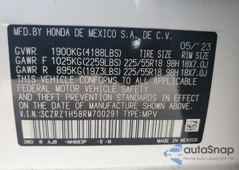 2024 Honda Hr-V Sport из США, поврежденный, VIN 3CZRZ1H58RM700291